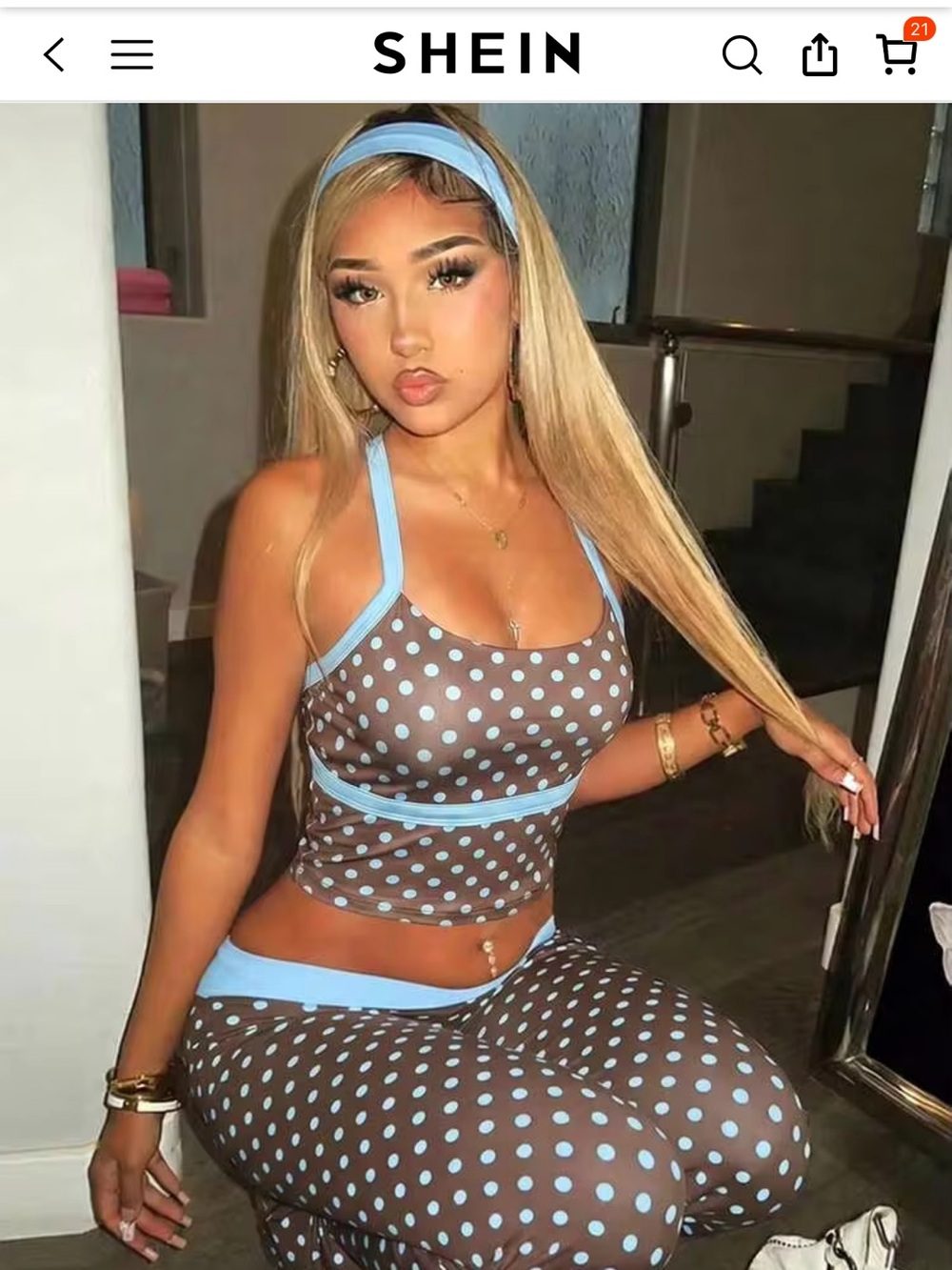 SHEIN Brown Polka Dot Crop Top & Leggings Set with Light Blue Trim